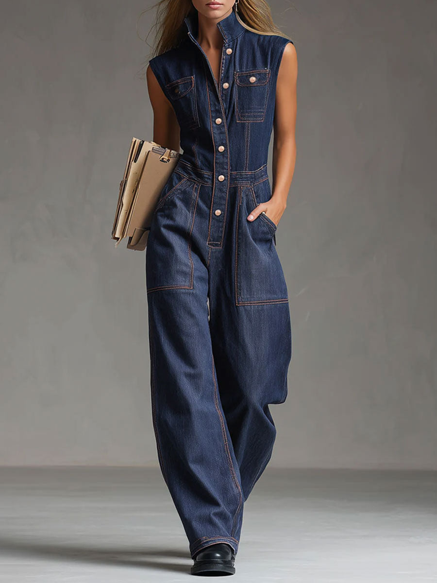 Lässiger Retro-Ballon-Jumpsuit aus dunkelblauem Denim mit vielen Taschen und Ziernähten, ärmellos