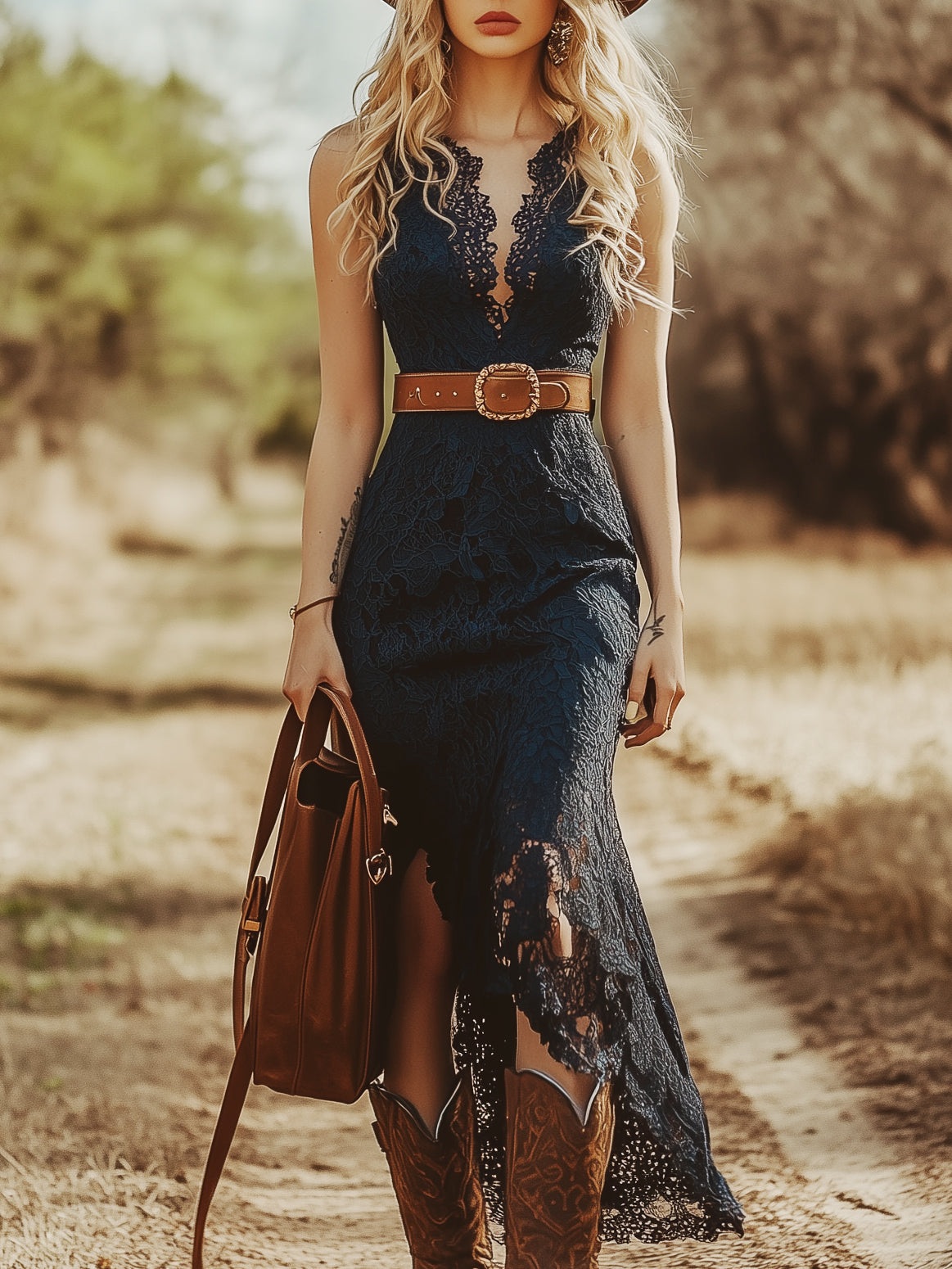 Ärmelloses Vintage Boho-Midikleid aus blauer Spitze