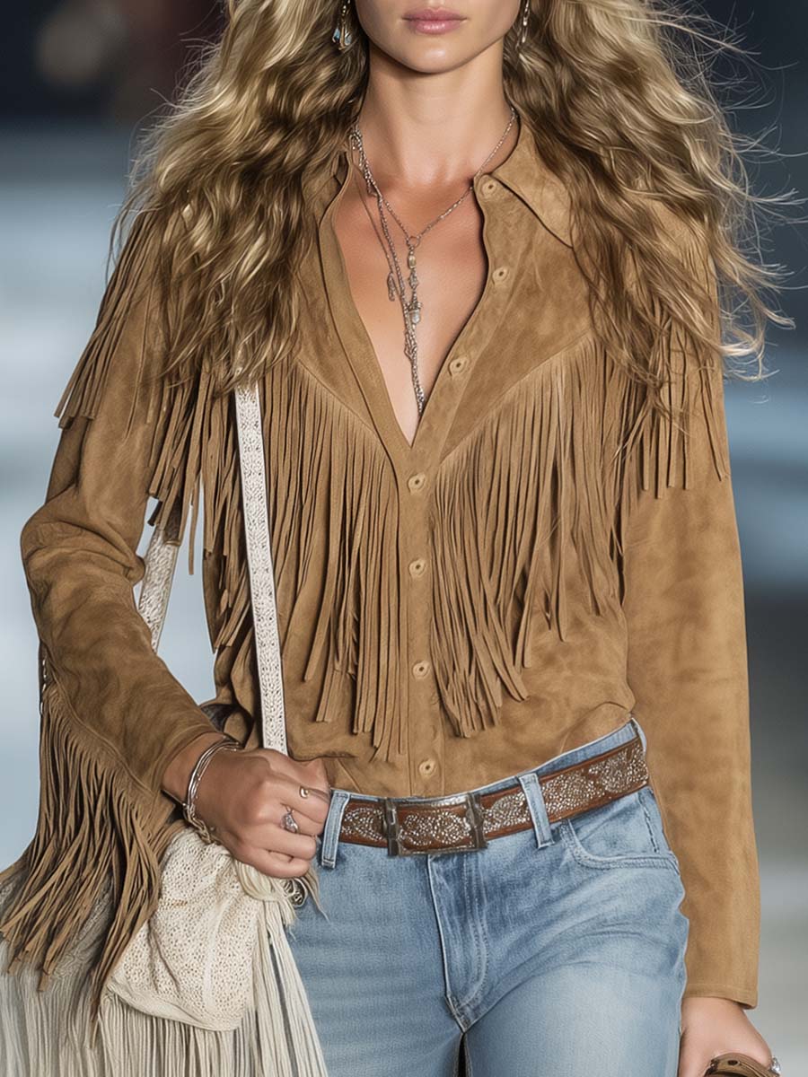 Lässiges Vintage-Western-Oberteil aus hellbraunem Kunstwildleder mit Knopfleiste, Fransen und langen Ärmeln