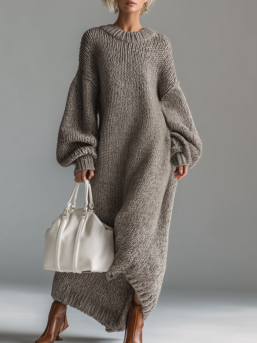 Elegantes urbanes Strick-Maxikleid mit Rundhalsausschnitt in meliertem Khaki
