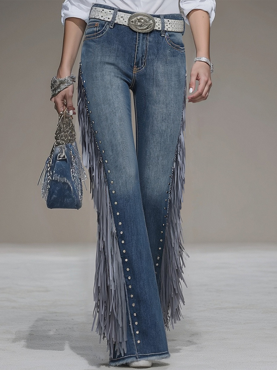 Western Schlaghose aus blauem Denim mit seitlichen Quasten und Nieten