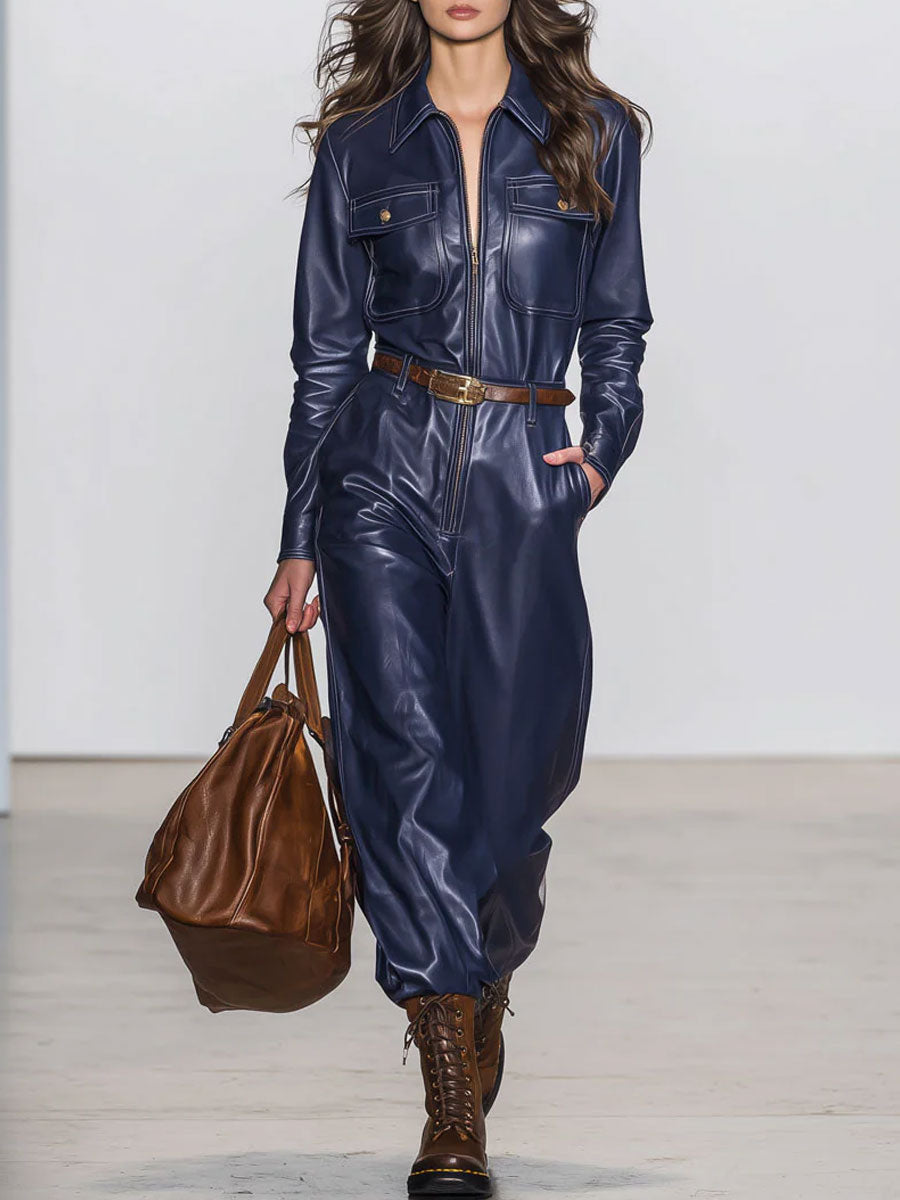 Lässiger Retro-Jumpsuit aus dunkelblauem Kunstleder mit langen Ärmeln, Schnürung und weitem Bein