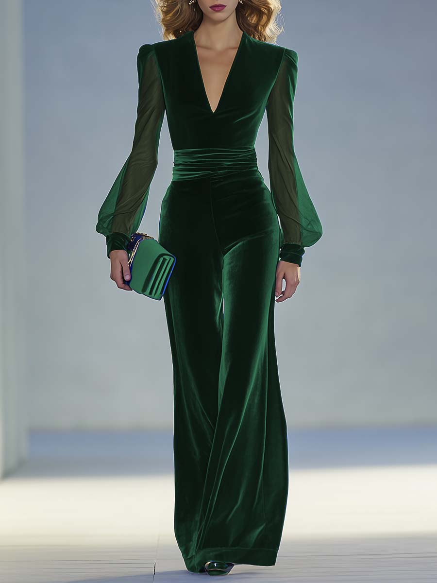 Eleganter, edler Vintage-Samt-Jumpsuit in Königsblau mit V-Ausschnitt und langen Mesh-Ärmeln