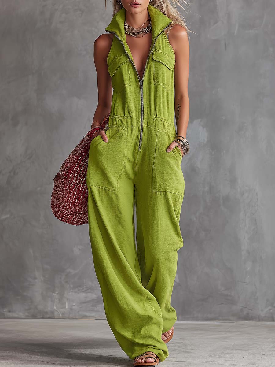 Lässiger Retro-Jumpsuit aus Baumwoll-Leinen in Leuchtgrün mit Westernkragen und vorderem Reißverschluss