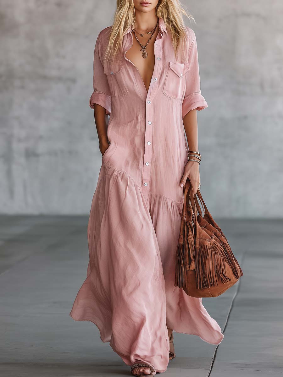 Lässiges Retro-Western-Maxi-Hemdkleid aus rosa Baumwoll-Leinen mit V-Ausschnitt, Knopfleiste und kurzen Ärmeln