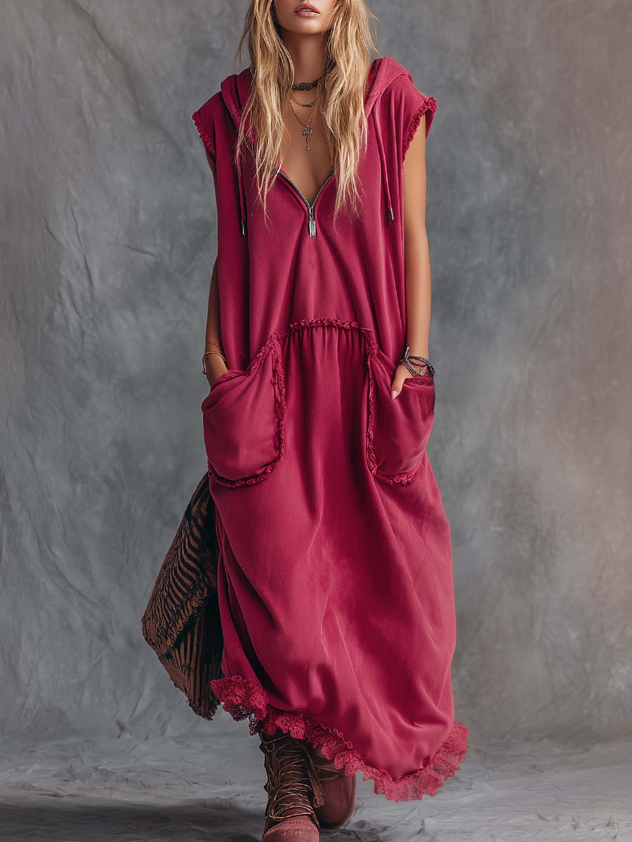 Vintage lässig-sportliches Maxikleid mit Kapuze, V-Ausschnitt, Front-Reißverschluss, Spitzenbesatz, ärmellos in Himbeerrot aus Baumwolle