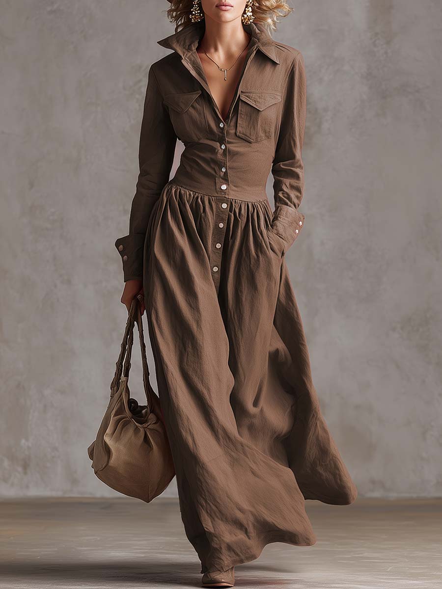 Edles Retro-Western-Maxikleid mit Revers und Knopfleiste in Rot im Trenchcoat-Stil aus Baumwolle und Leinen