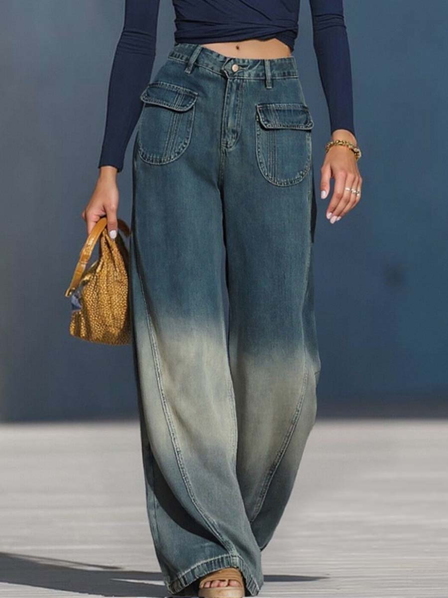 Lässige, modische lockere Hose aus Denim mit Farbverlauf-Waschung in Blau-Grau