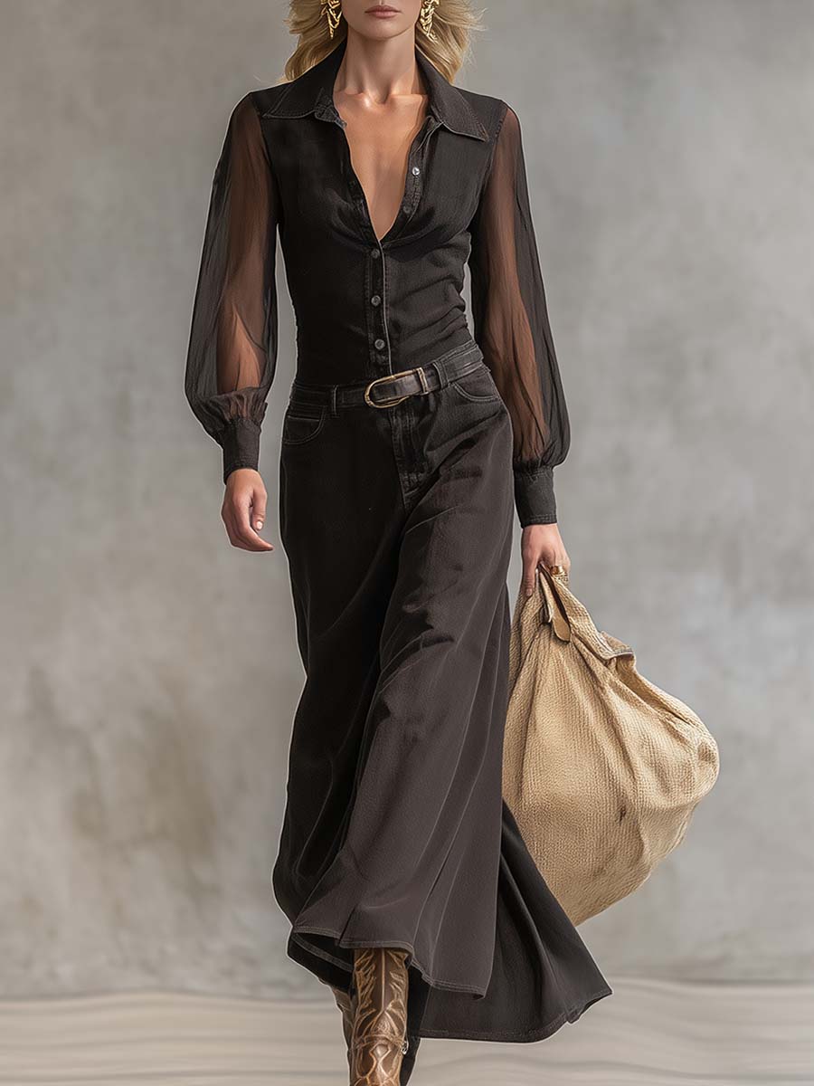Vintage-Western-Maxikleid mit Knopfleiste, V-Ausschnitt und transparenten langen Ärmeln aus schwarzem Denim