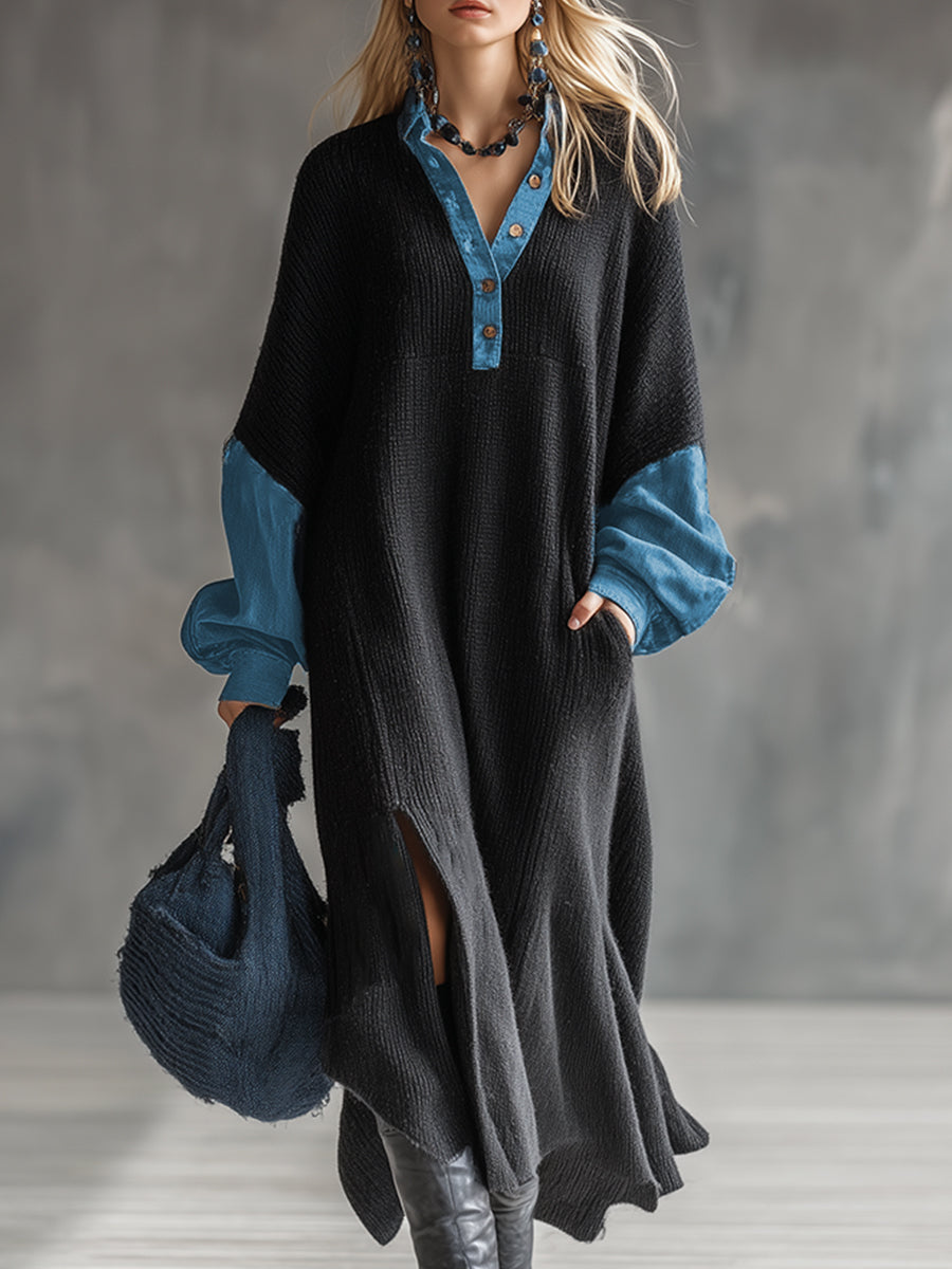 Modisches legeres schwarzes Strick-Maxikleid mit Denim-Besatz