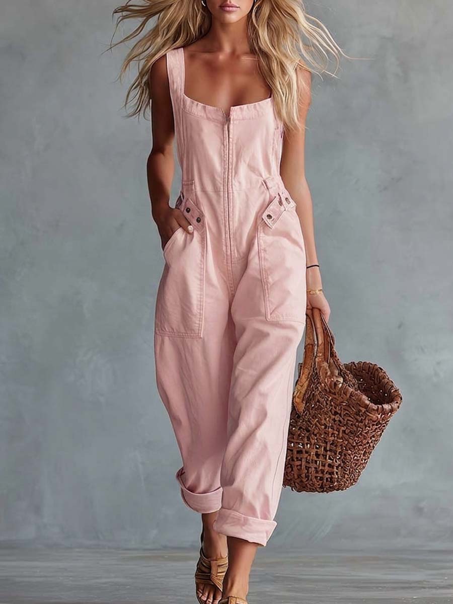 Lässig-retro hellgelber Denim-Overall mit eckigem Ausschnitt und Frontreißverschluss