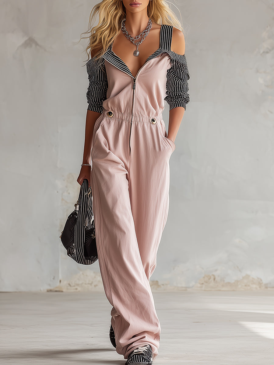 Stilvoller Baumwoll-Jumpsuit in Rosa mit Colorblocking und gestreiften Ärmeln