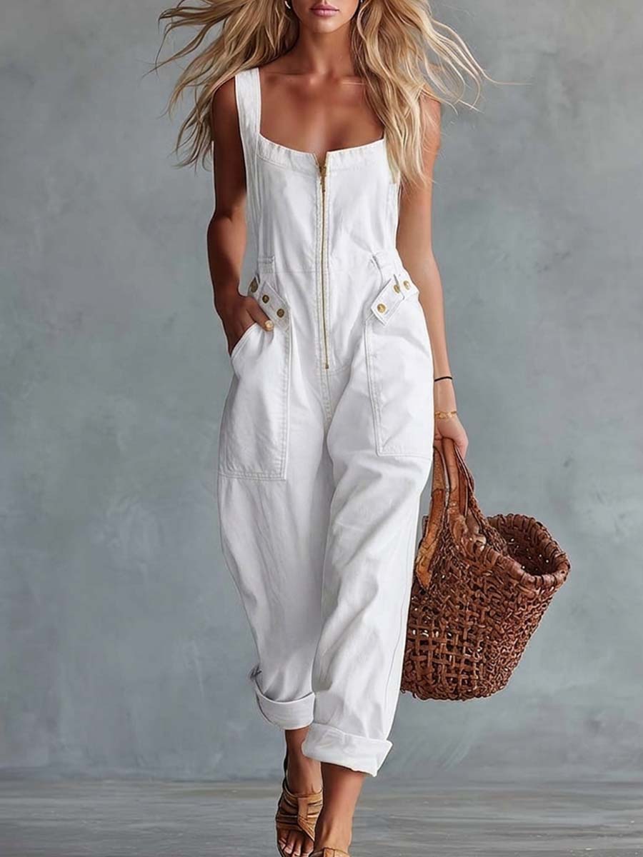Lässig-retro hellgelber Denim-Overall mit eckigem Ausschnitt und Frontreißverschluss