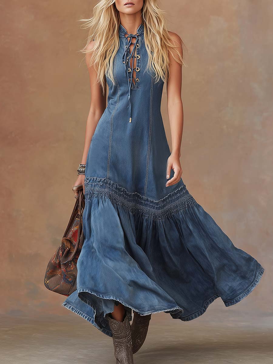 Elegantes Vintage-Western-Maxikleid aus blauem Denim mit Schluppenkragen, ärmellos und Ballonsaum