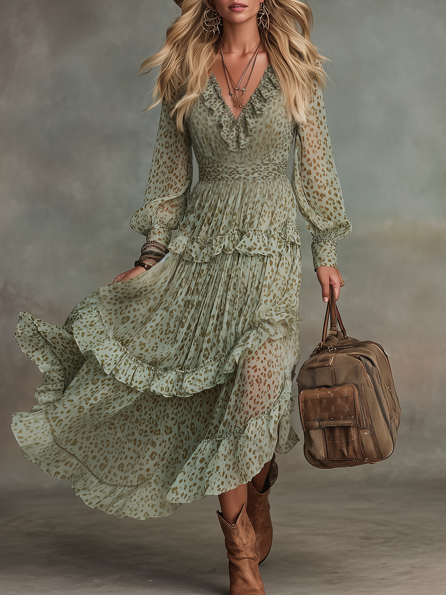 Vintage und elegantes Chiffon-Midikleid mit V-Ausschnitt, Rüschen und Leopardenmuster