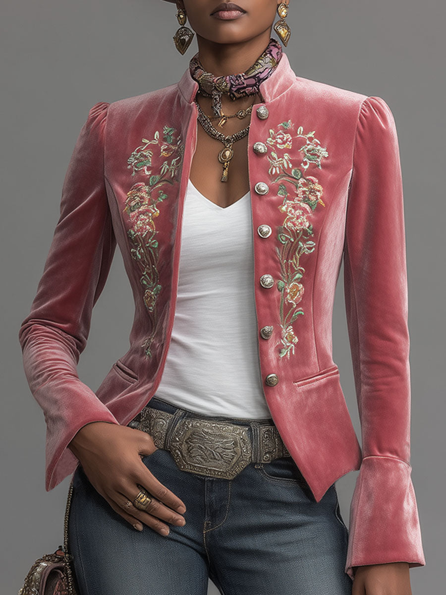 Einreihige Samtjacke im Westernstil mit Stehkragen und Blumenstickerei