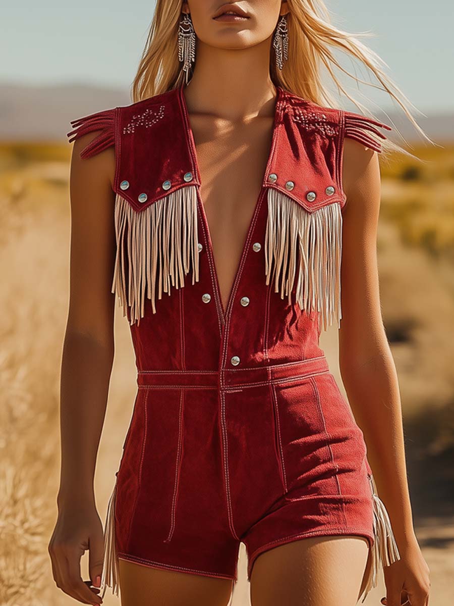 Western Cowboy Stil Jumpsuit aus rotem Wildleder mit silbernen Knöpfen und beigen Fransen