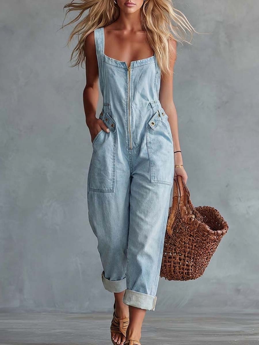 Lässig-retro hellgelber Denim-Overall mit eckigem Ausschnitt und Frontreißverschluss