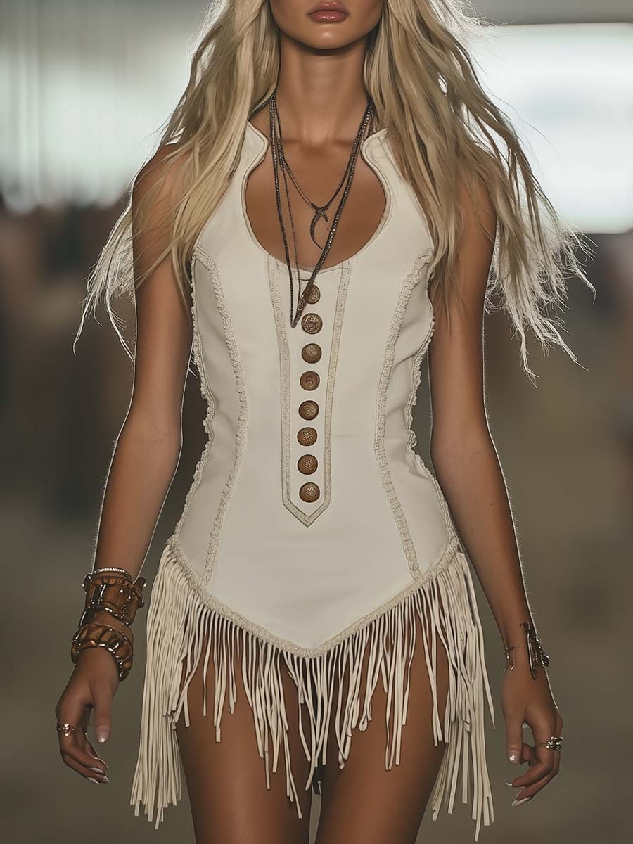 【Versand innerhalb von 24 Stunden】Elegantes, schickes Western-Minikleid in Weiß mit Rundhalsausschnitt und Fransen