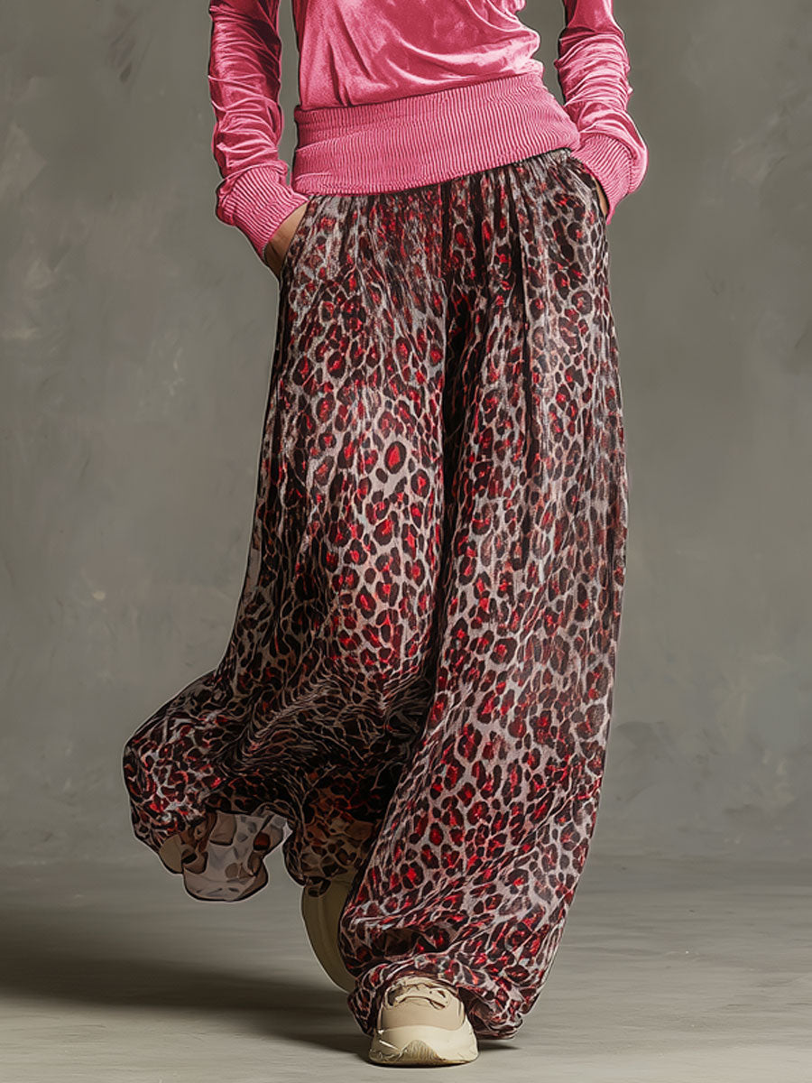 Retro Chiffon-Hose mit Leopardenmuster