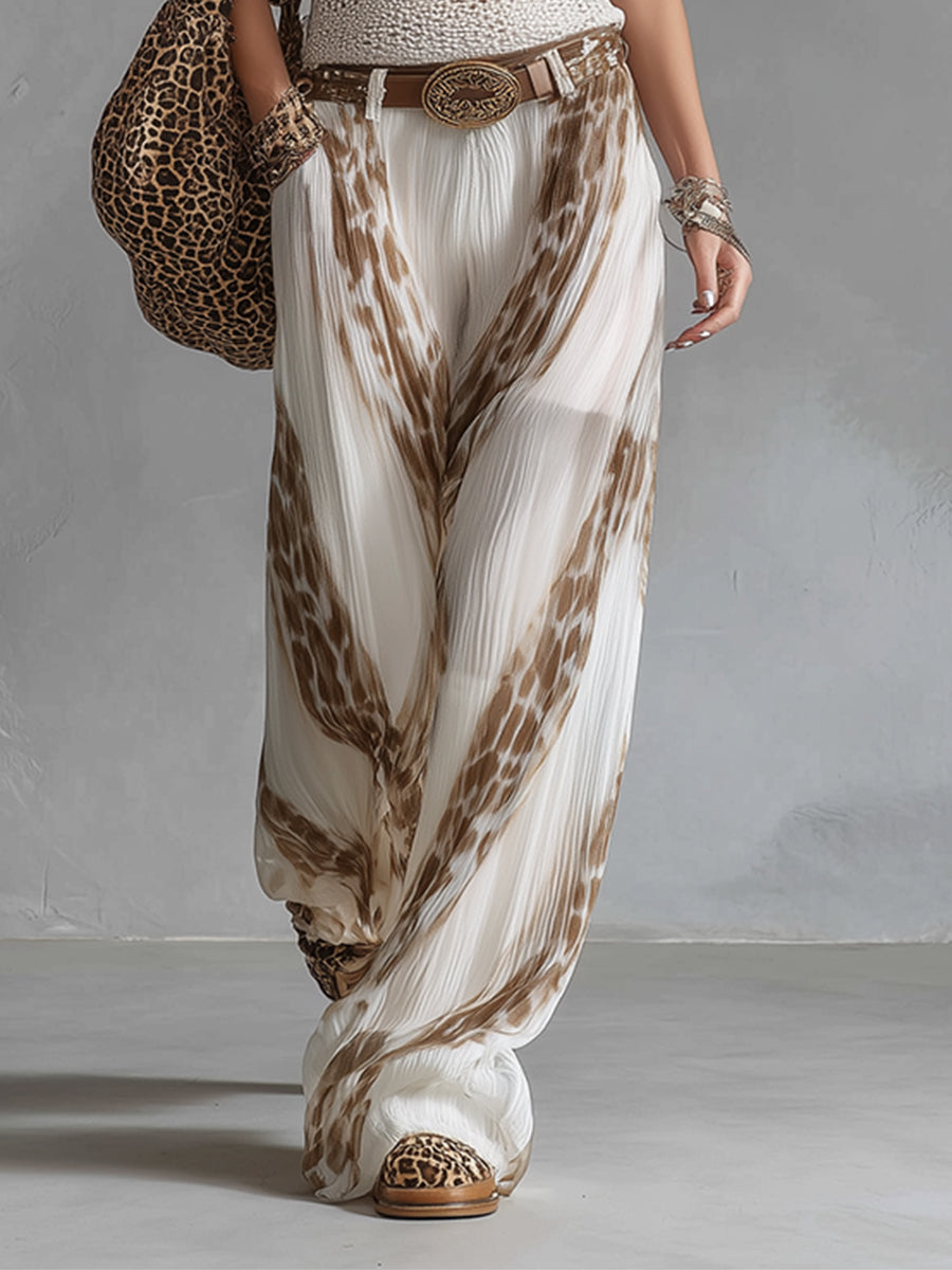 Elegante bedruckte weiße Chiffon-Hose mit weitem Bein im Urlaubsstil