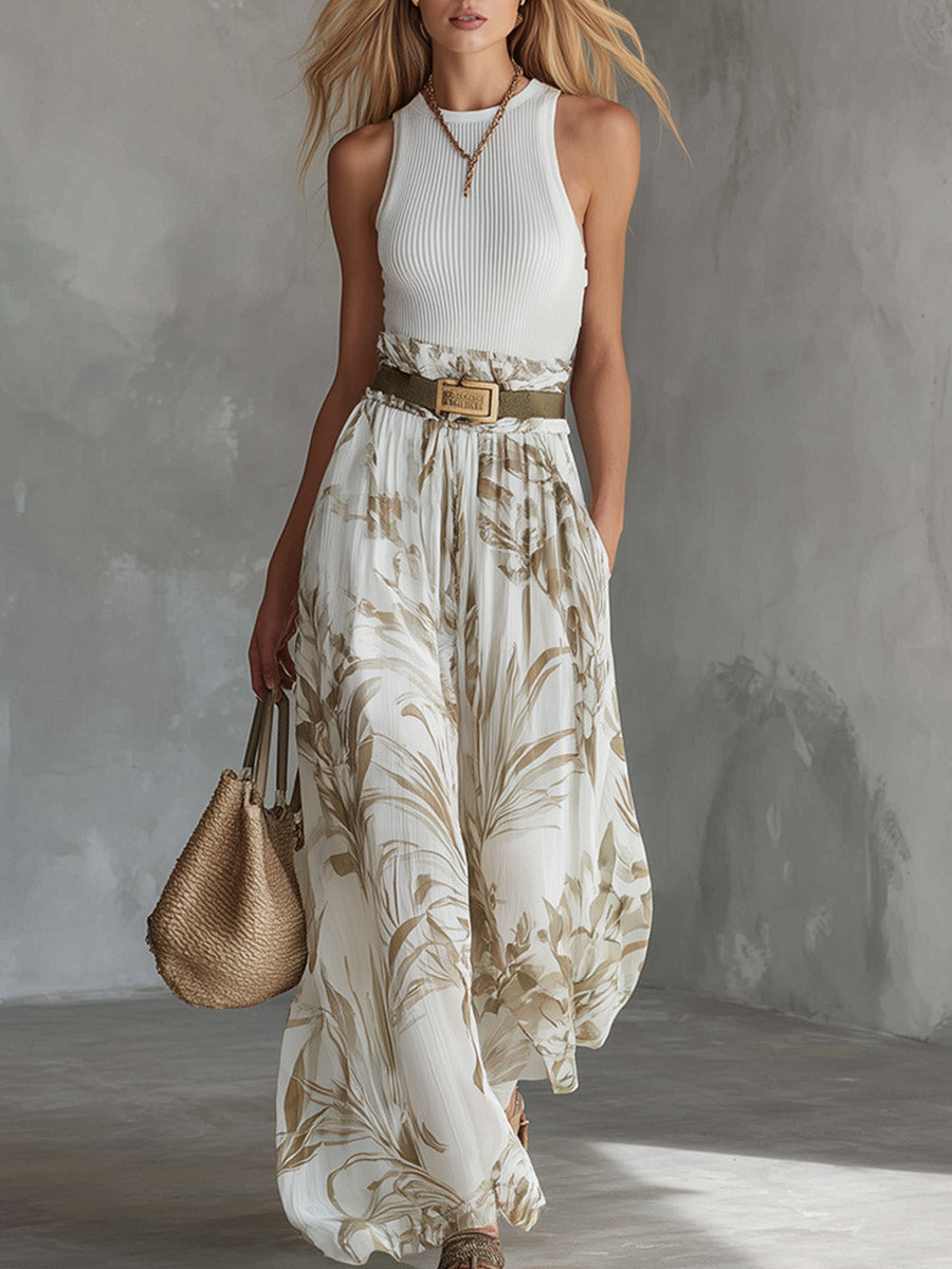 Elegantes Set aus weißem atmungsaktivem Strick-Tanktop und weiter bedruckter Chiffonhose