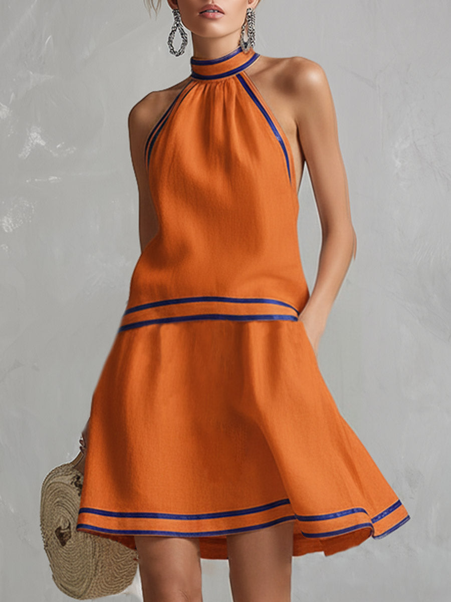 Elegantes orangefarbenes Baumwoll-Leinen-Minikleid mit Neckholder, ärmellos, im Colorblock-Design