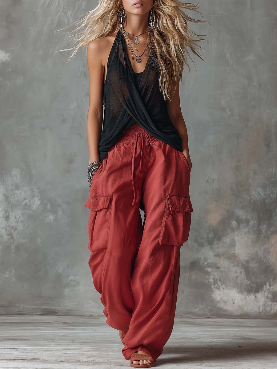 Retro-Casual-Set im Workwear-Stil aus schwarzem Mesh-Oberteil mit V-Ausschnitt und roter Baumwollhose