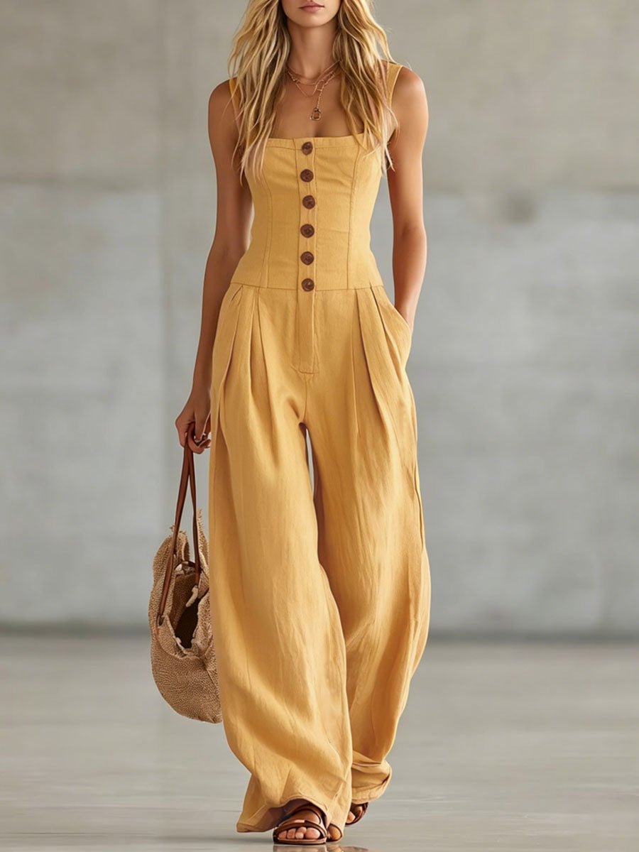 Retro-ärmelloser Overall aus Baumwoll-Leinen mit breiten Trägern und einreihigem Design