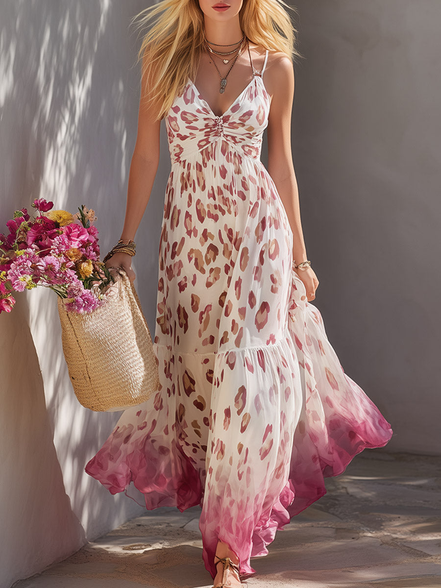 Elegantes weißes Retro-Chiffon-Maxikleid mit Farbverlauf, Leopardenmuster und Spaghettiträgern