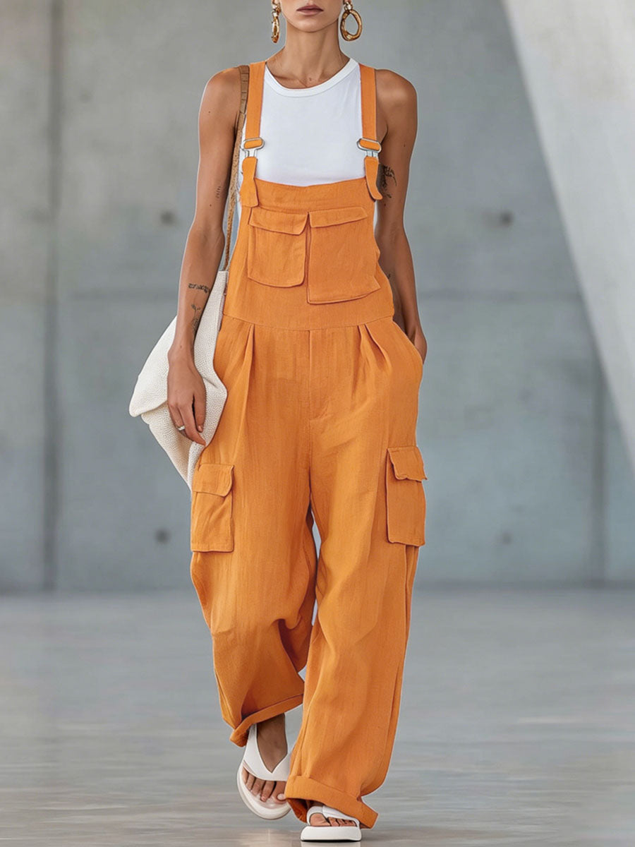 Orangefarbene Wide-Leg-Latzhose aus Baumwoll-Leinen mit mehreren Taschen