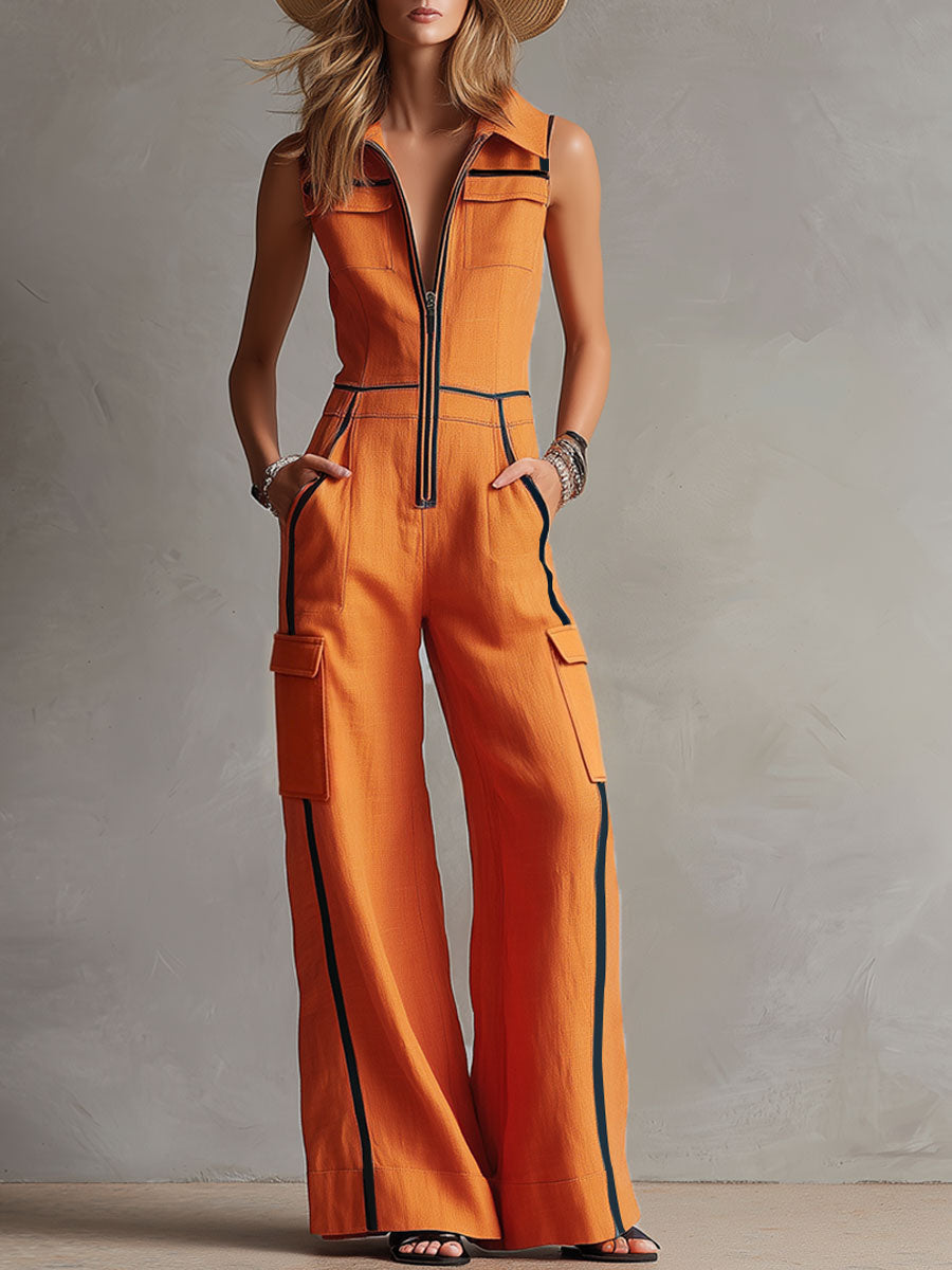 Lässig-retro ärmelloser Overall aus orangefarbener Baumwolle und Leinen mit Colour-Blocking