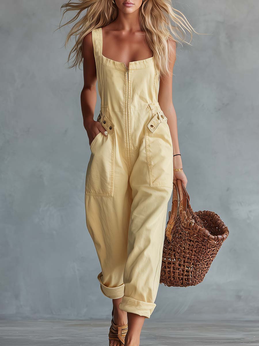 Lässig-retro hellgelber Denim-Overall mit eckigem Ausschnitt und Frontreißverschluss