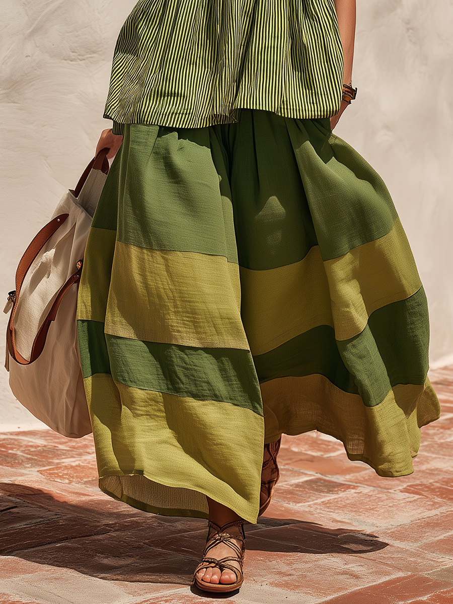 Weite Urlaubshose aus Baumwolle und Leinen im Retro-Stil mit Color-Block-Design