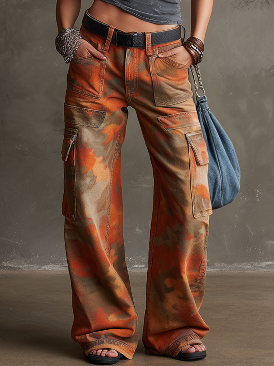 Western Retro Arbeitsjeans in Orange-Camouflage