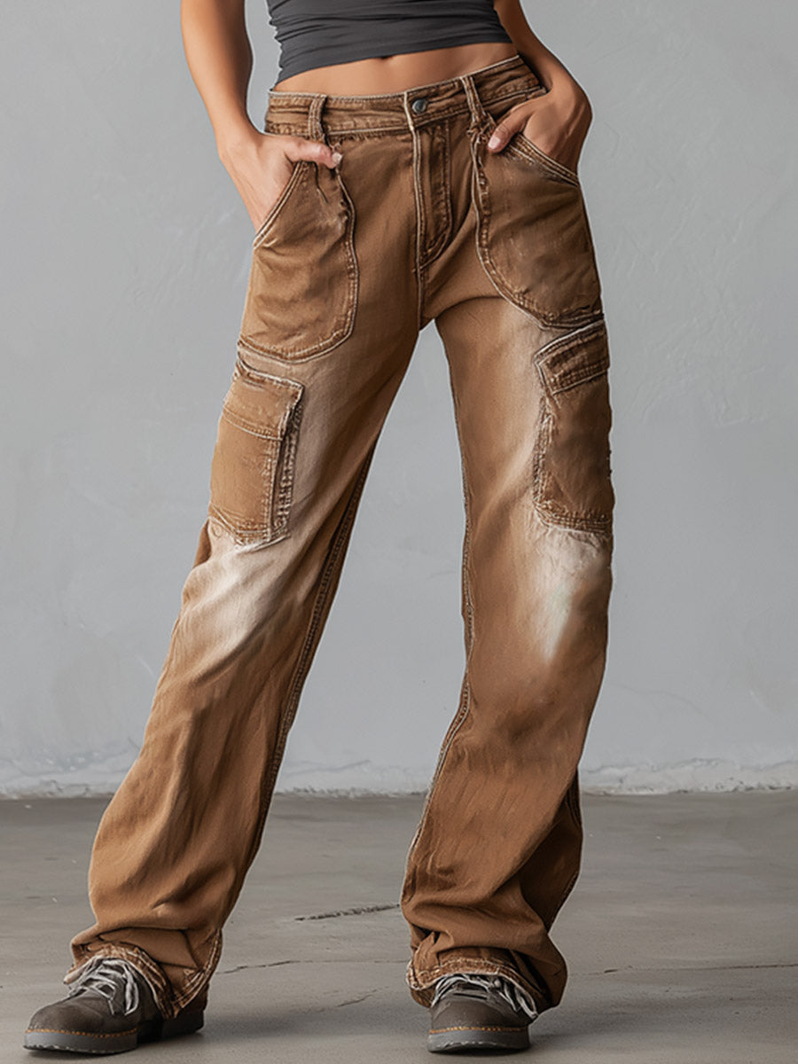 Stilvolle & markante Distressed Cargo-Jeans in Braun