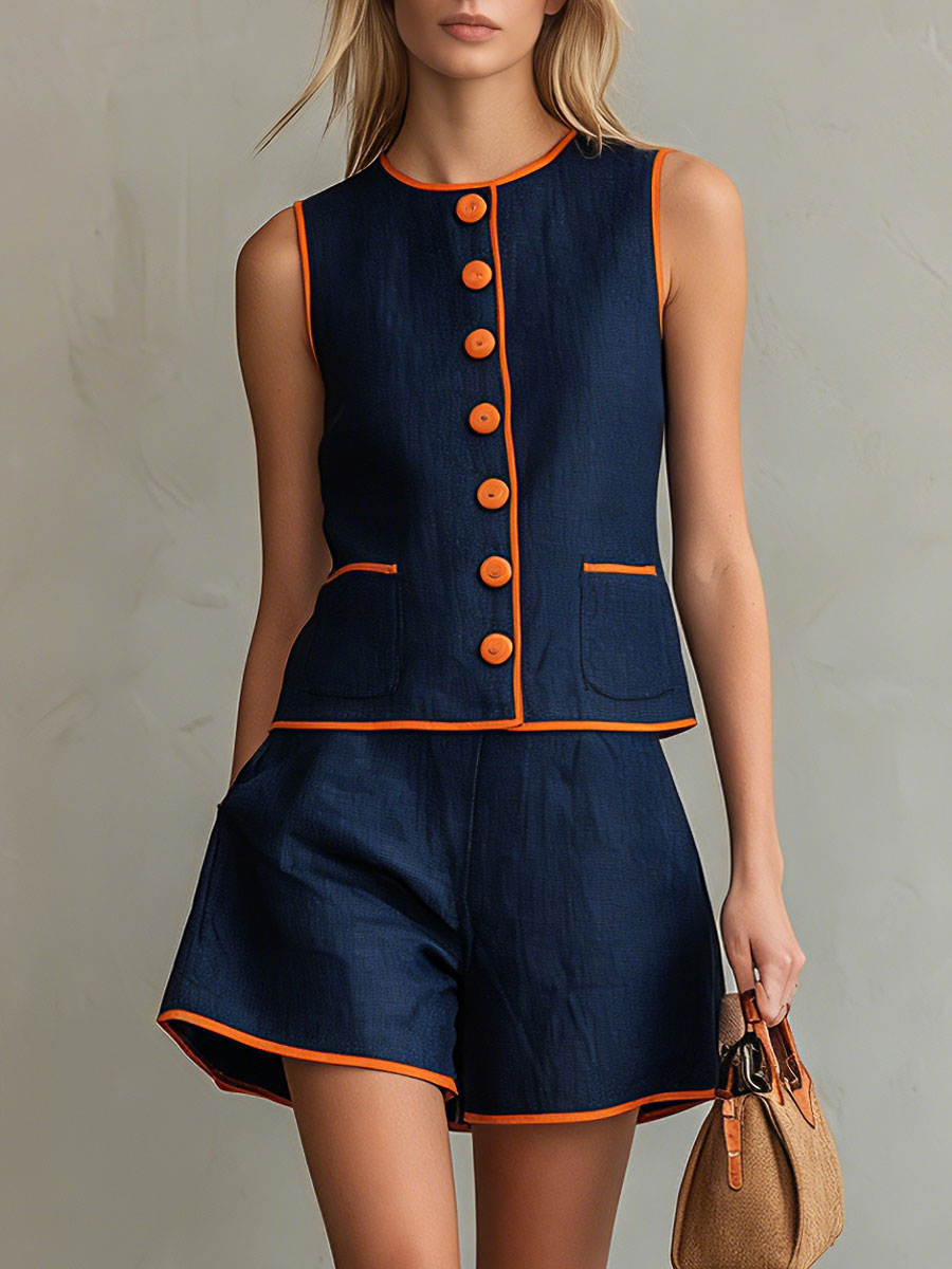 Lässiges Retro-Set mit Color-Blocking aus blauem, ärmellosem Oberteil mit Knopfleiste und Shorts