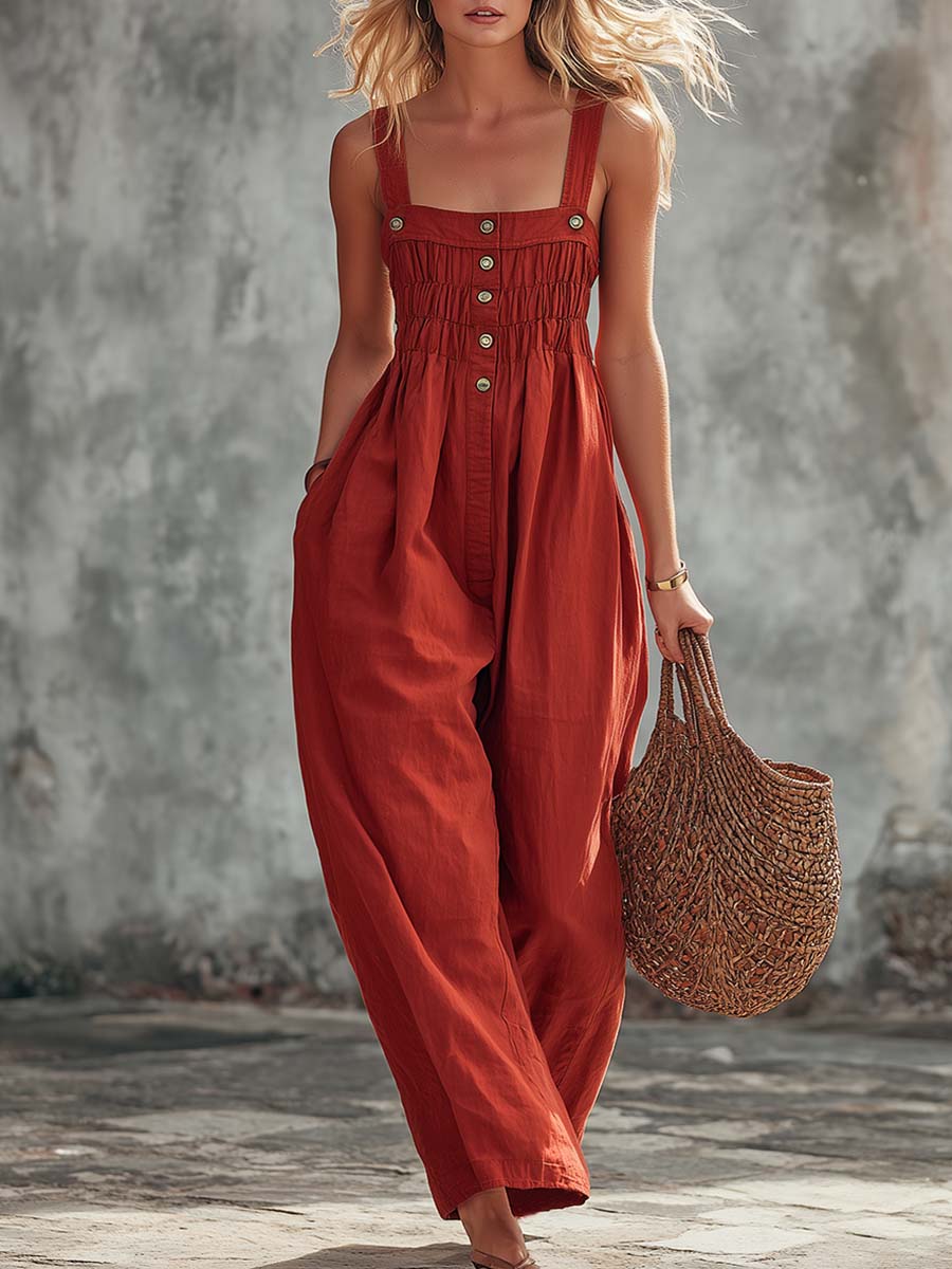 Retro-lässiger Baumwoll-Jumpsuit in Terrakottarot mit Karree-Ausschnitt und Knopfleiste
