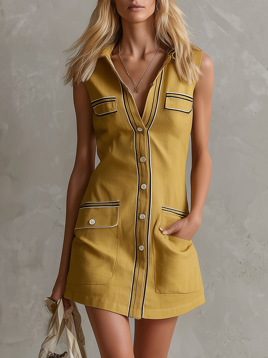Lässiges ärmelloses Baumwoll-Leinen-Minikleid in Gelb im Retro-Stil mit Colorblocking, Zierband und Kragen