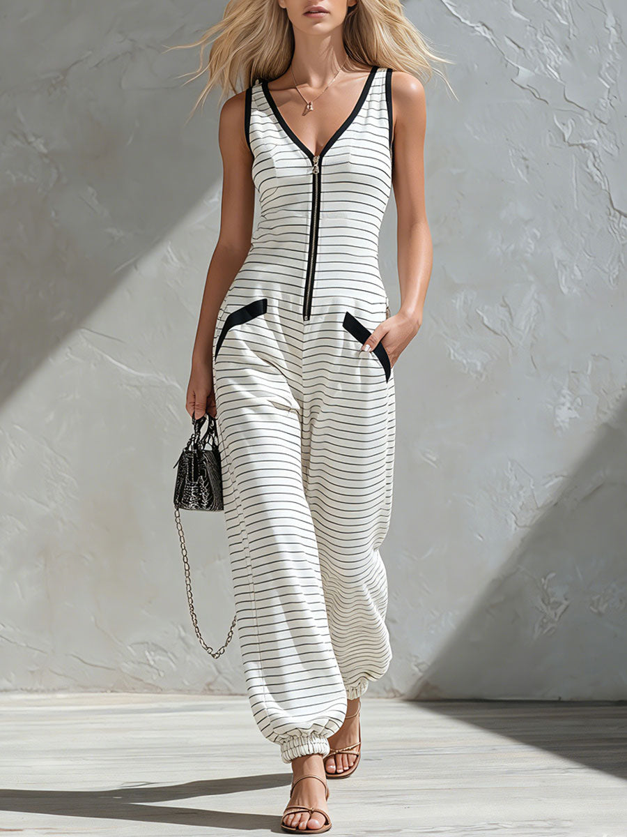 Lässiger ärmelloser Retro-Baumwoll-Jumpsuit mit schwarz-weißen Streifen, V-Ausschnitt und Reißverschluss