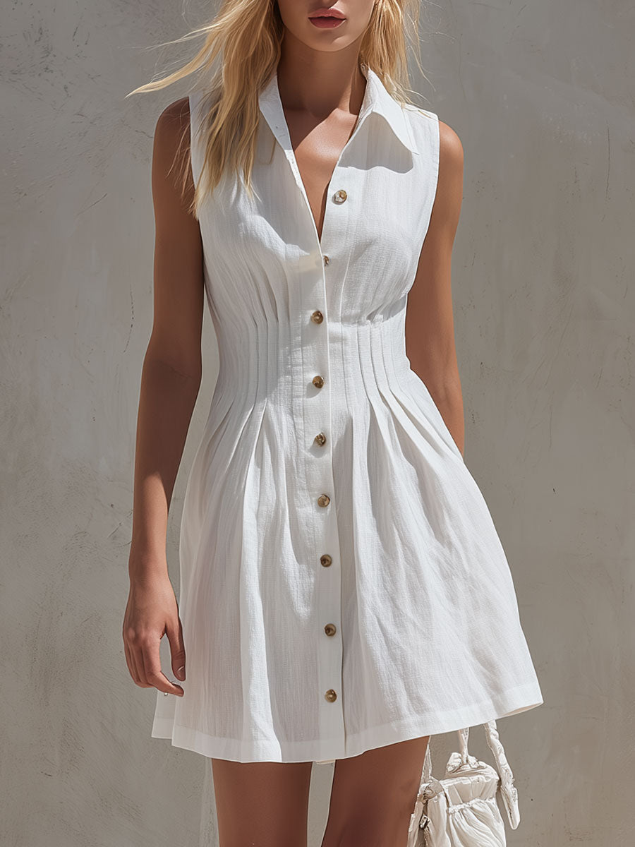 Lässiges weißes Baumwoll-Leinen-Minikleid im Retro-Stil, ärmellos mit Kragen, Knopfleiste und Falten