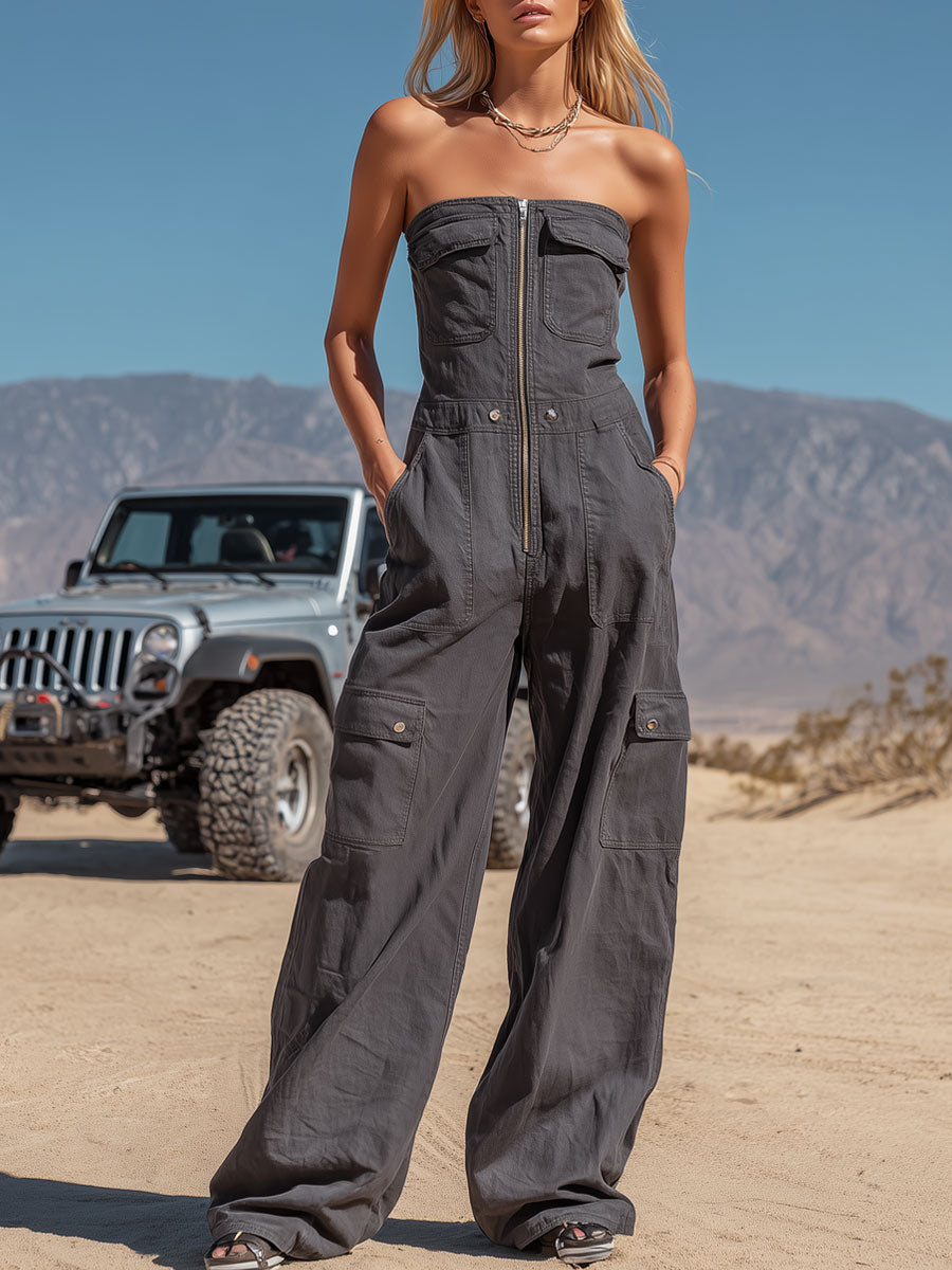 Schulterfreier Retro-Baumwoll-Jumpsuit in Grau mit mehreren Taschen und Reißverschluss