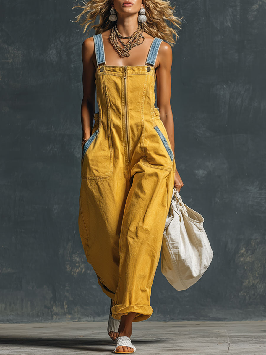 Retro-Jumpsuit im Western-Stil aus blau-gelbem Denim in Westenoptik mit Reißverschluss