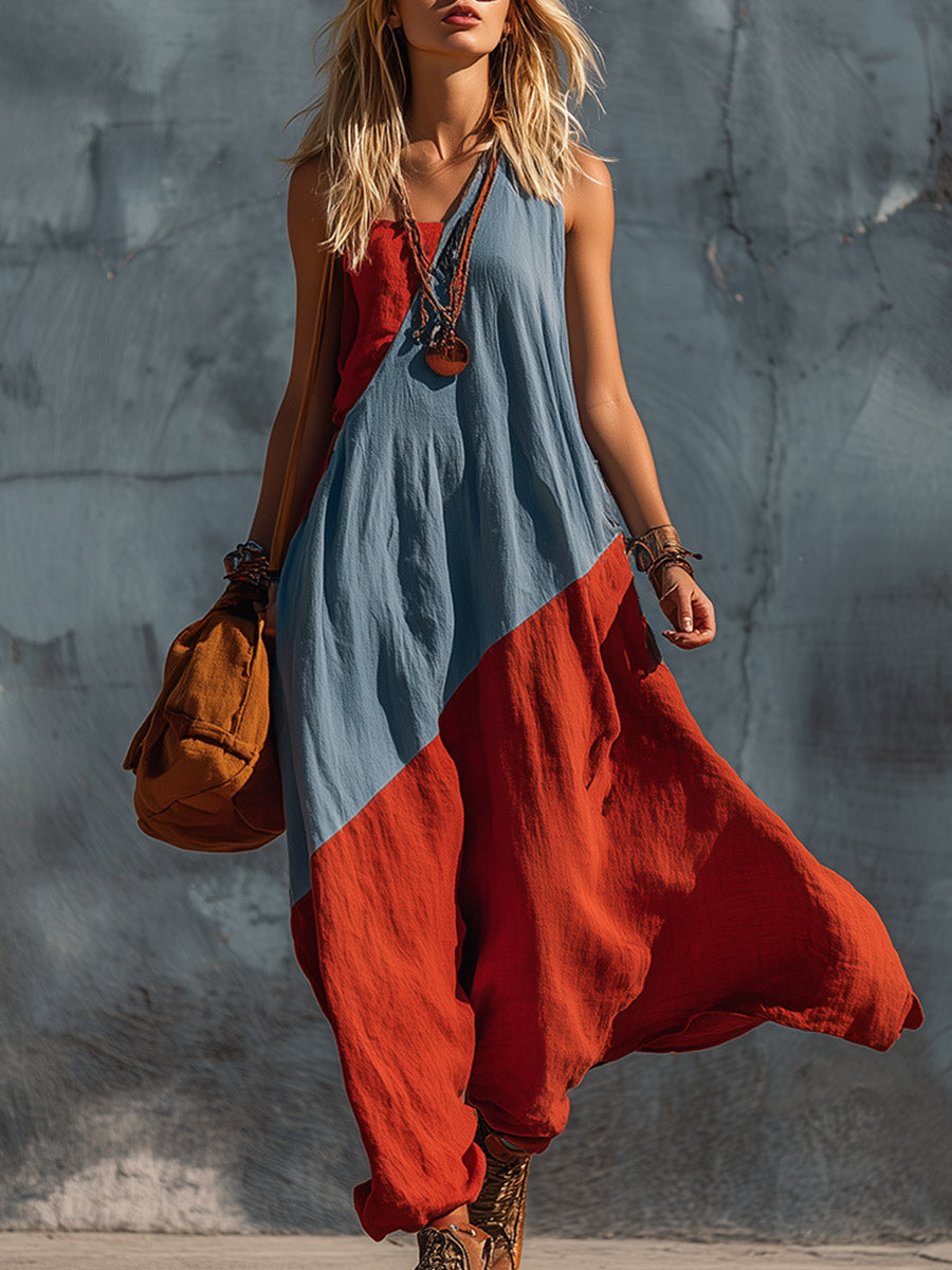 Retro Bohemian One-Shoulder-Maxikleid aus Baumwoll-Leinen in Blau & Rot