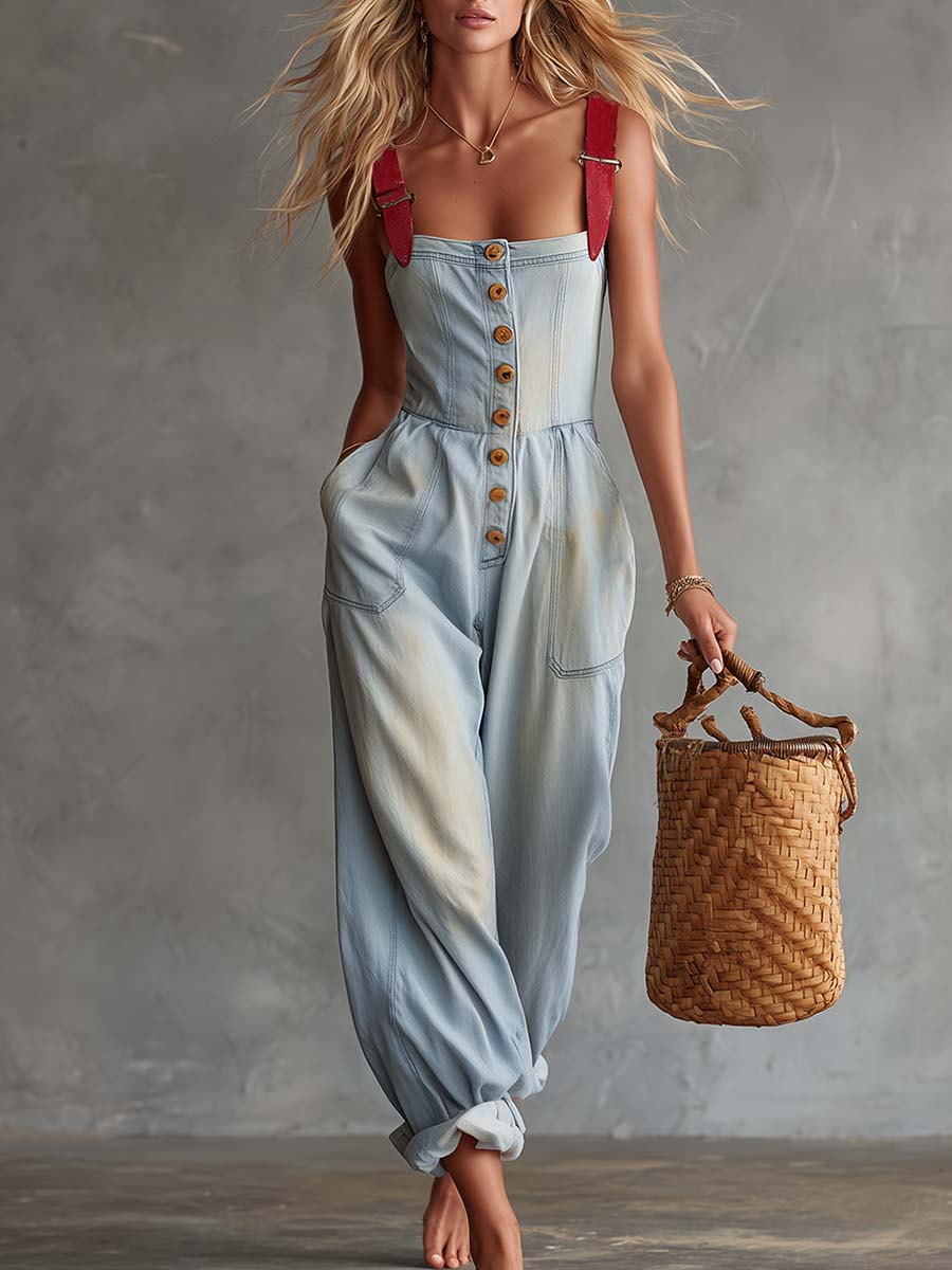 Retro-lässiger Jumpsuit aus hellblauem Washed-Denim mit Karree-Ausschnitt und Knopfleiste