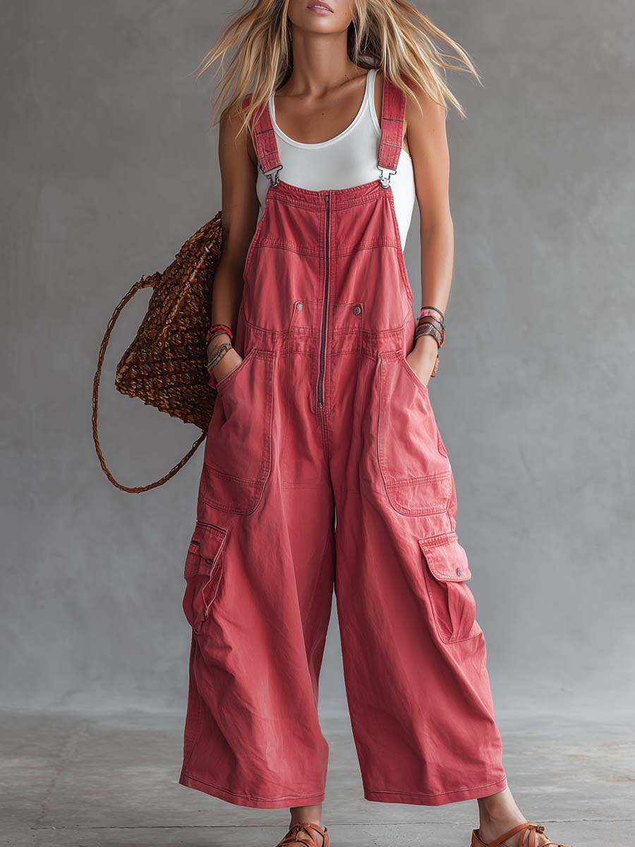 Damen-Utility-Latzhosen-Jumpsuit aus korallfarbenem Washed-Denim