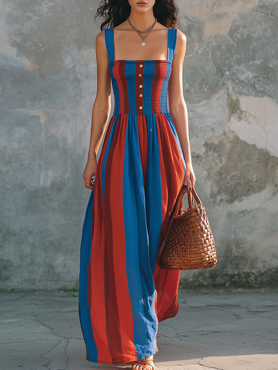 Gesmoktes Baumwoll-Leinen-Maxikleid mit mediterranen Streifen