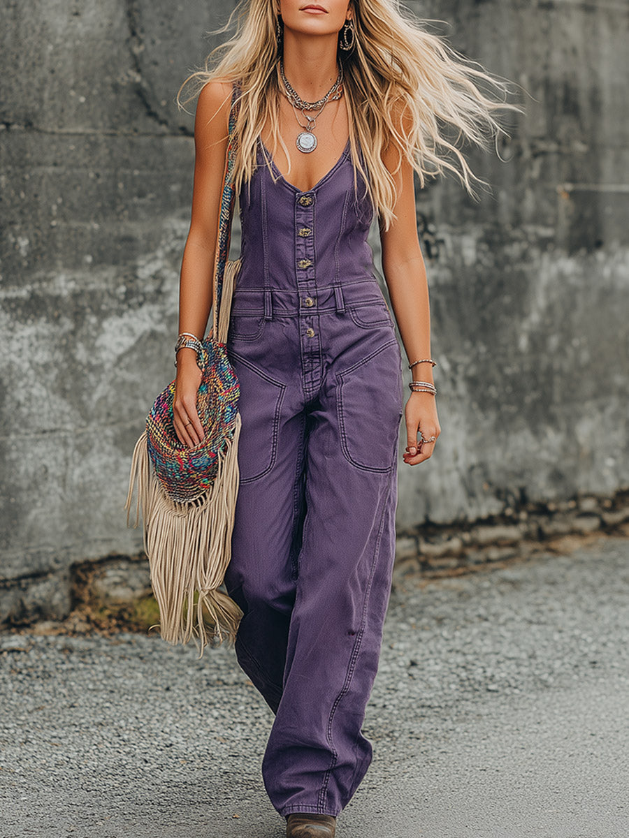 Stylischer, lässiger Utility-Jumpsuit aus lila Denim