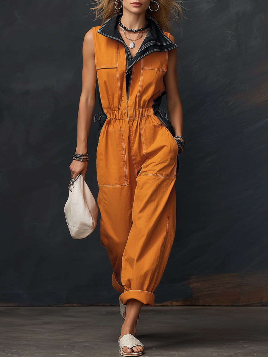 Lässiger ärmelloser Retro-Denim-Jumpsuit in Schwarz und Orange
