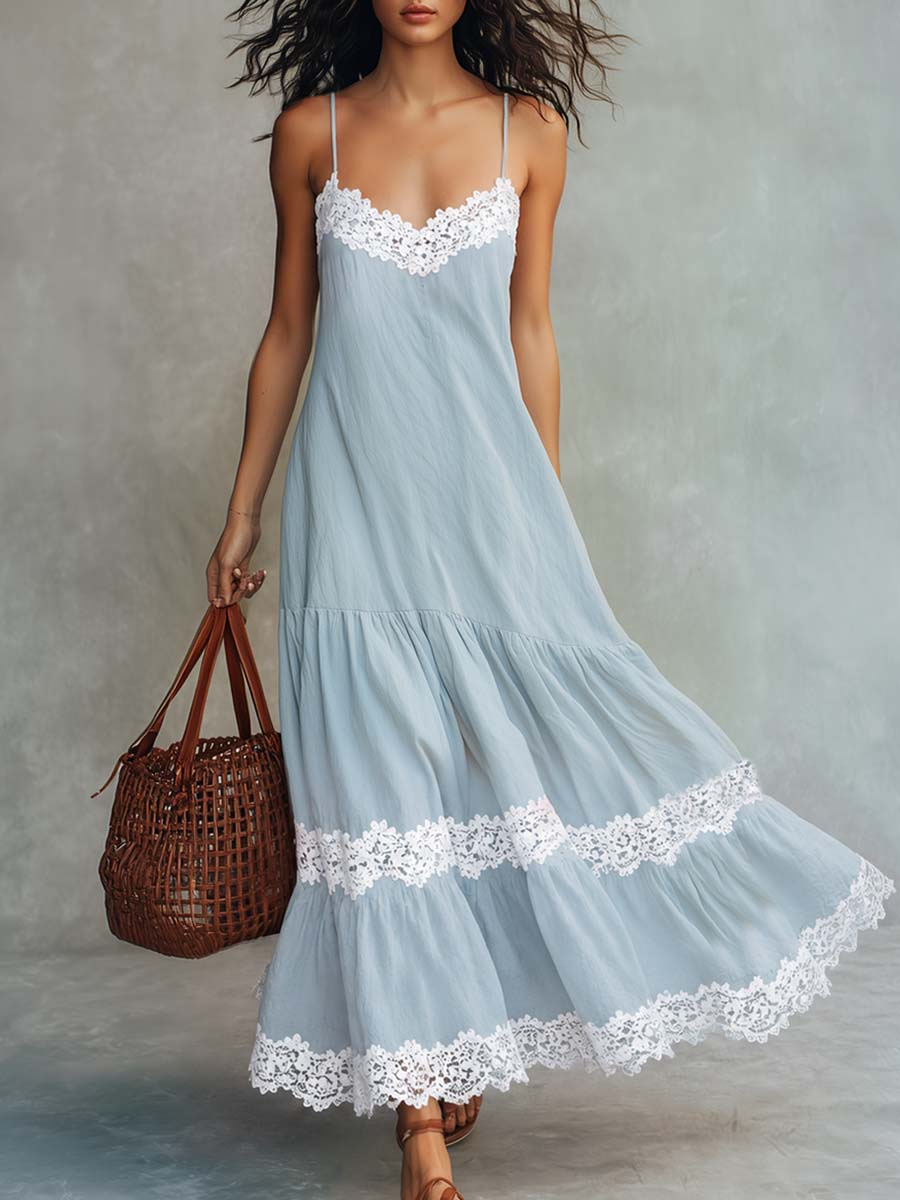 Boho Baumwoll-Leinen-Maxikleid im Urlaubsstil mit Spitzenbesatz in Hellblau